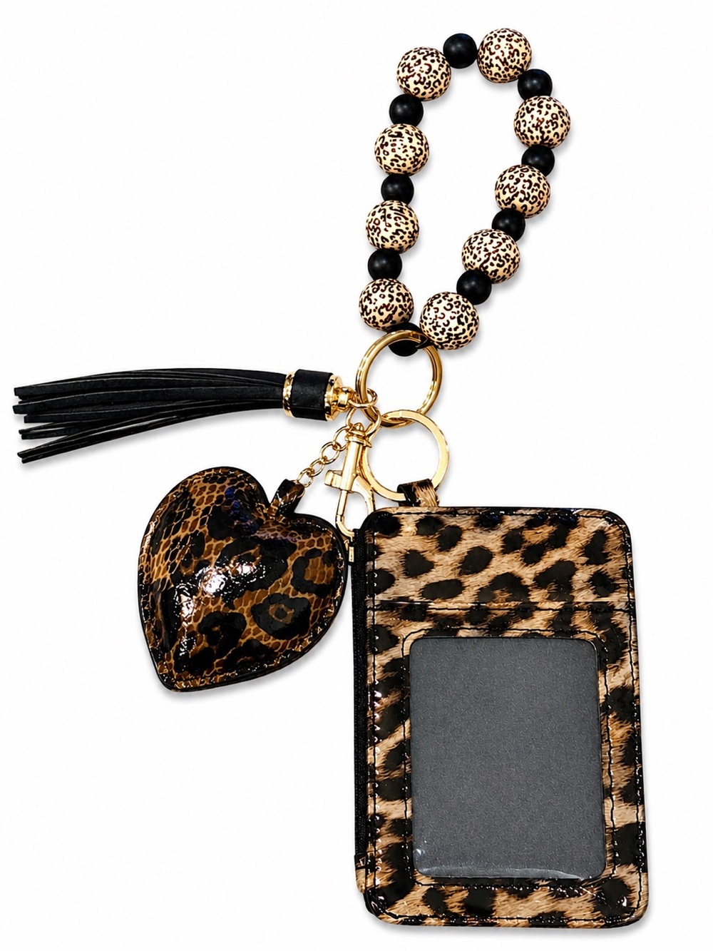 Leopard Print Wristlet Keychain Wallet Card Holder Tassel Charm Set